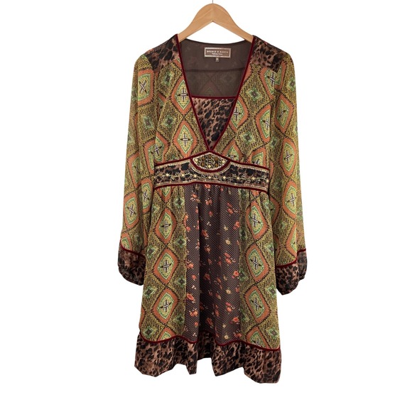 Double D Ranch Bohemian Print Velvet Trimmed Mixed Media Midi Dress Size Medium - Picture 11 of 16